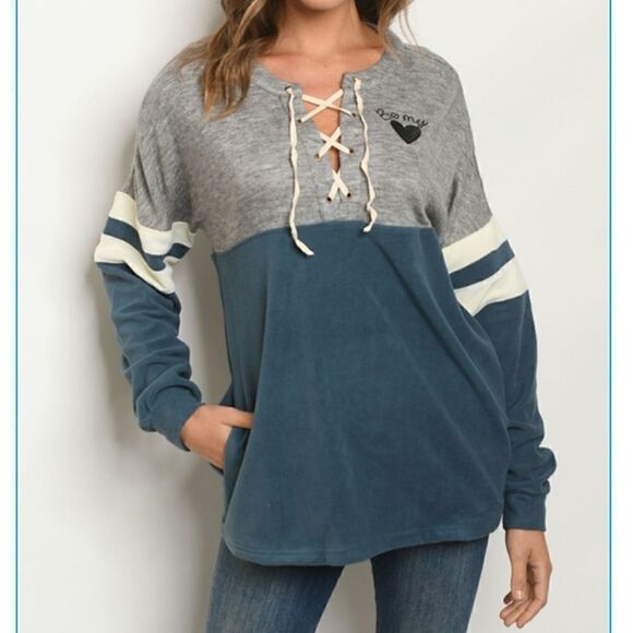 🆕️ENTRO Soft & Sporty Gray&Teal Sweater Size Medium - Picture 1 of 8